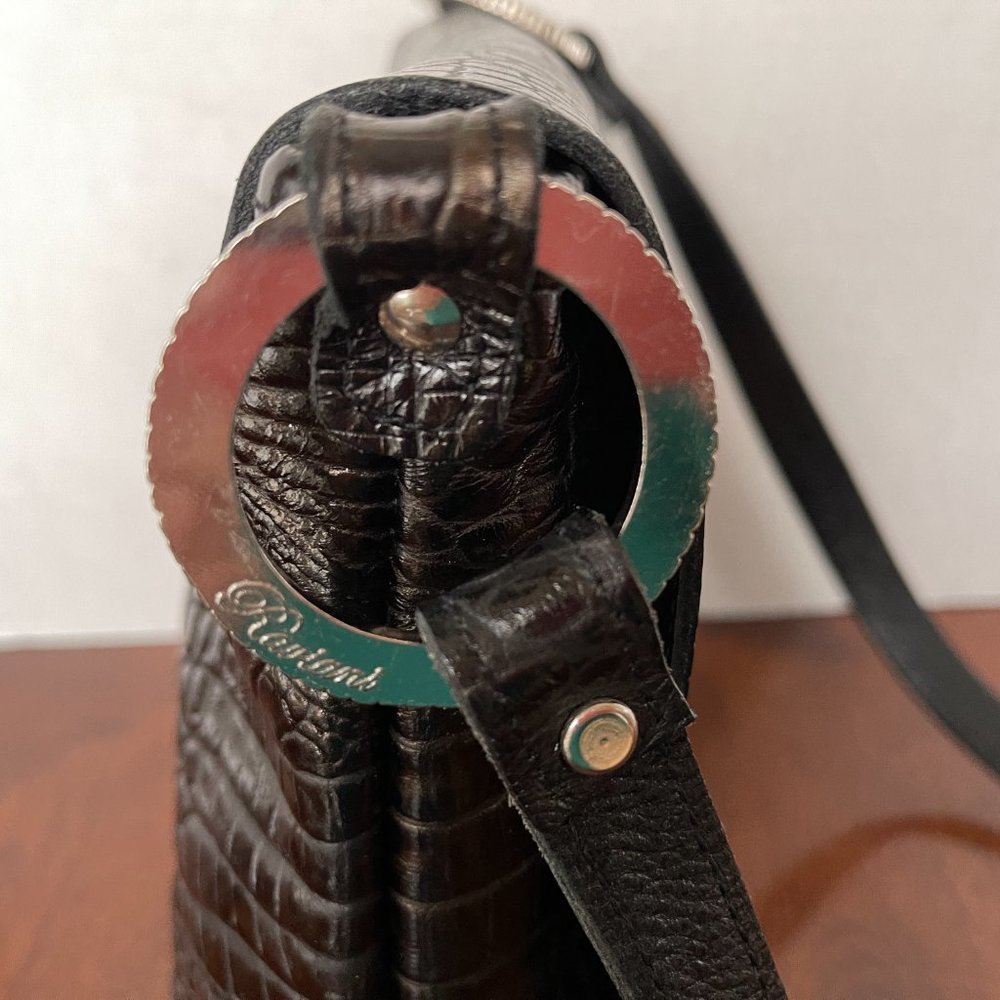 Raviani Black Flap Croco Embossed Leather Shoulder Bag w/Crystals - Picture 7 of 13